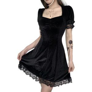 Gothic Clothes Dress,Lace Mini Sleeveless Dress Black Lace Draped